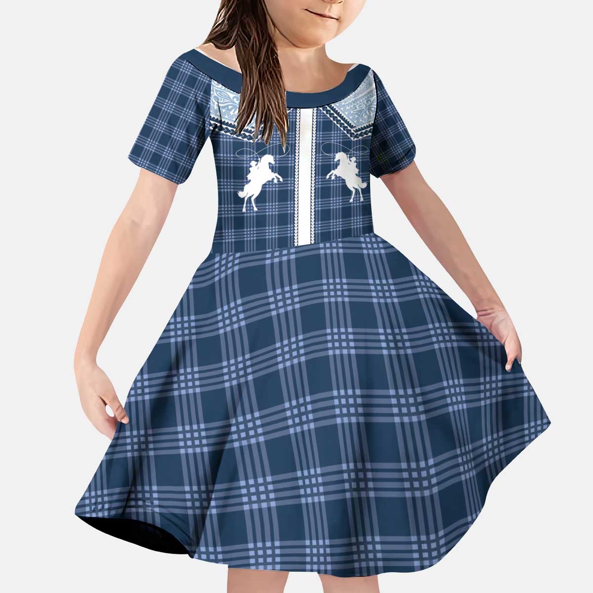 Aloha Hawaii Cowboys Paniolo Kid Short Sleeve Dress Navy Blue Palaka - Polynesian Pride