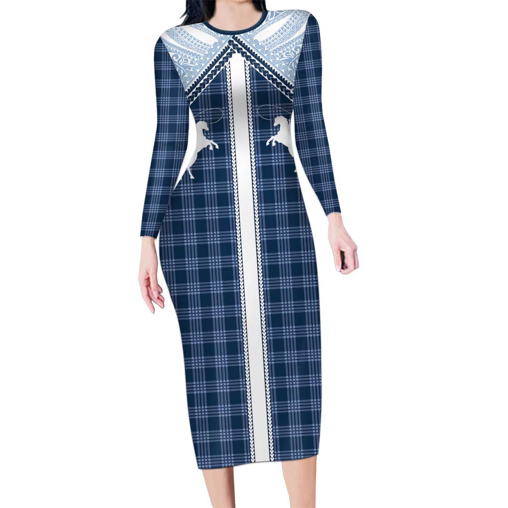 Aloha Hawaii Cowboys Paniolo Long Sleeve Bodycon Dress Navy Blue Palaka - Polynesian Pride