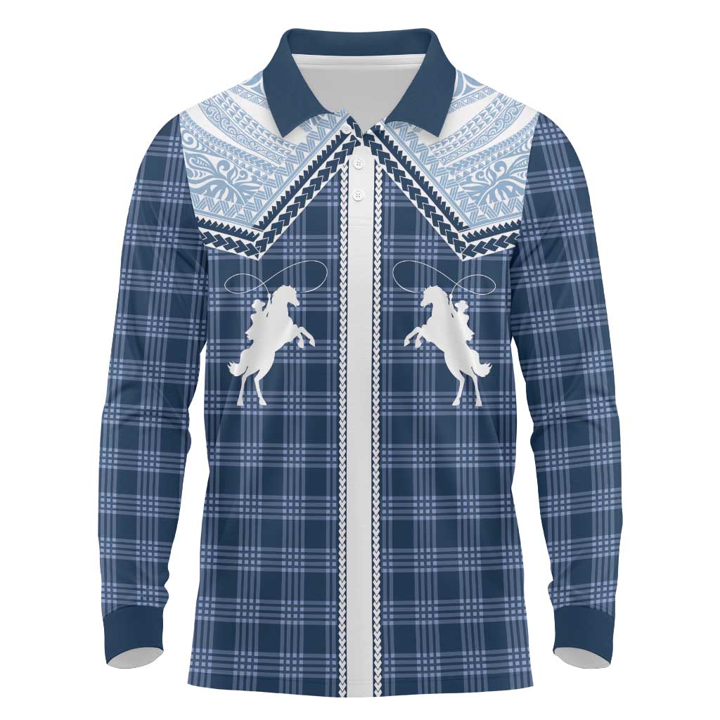 Aloha Hawaii Cowboys Paniolo Long Sleeve Polo Shirt Navy Blue Palaka - Polynesian Pride