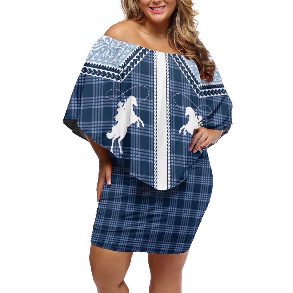 Aloha Hawaii Cowboys Paniolo Off Shoulder Short Dress Navy Blue Palaka - Polynesian Pride