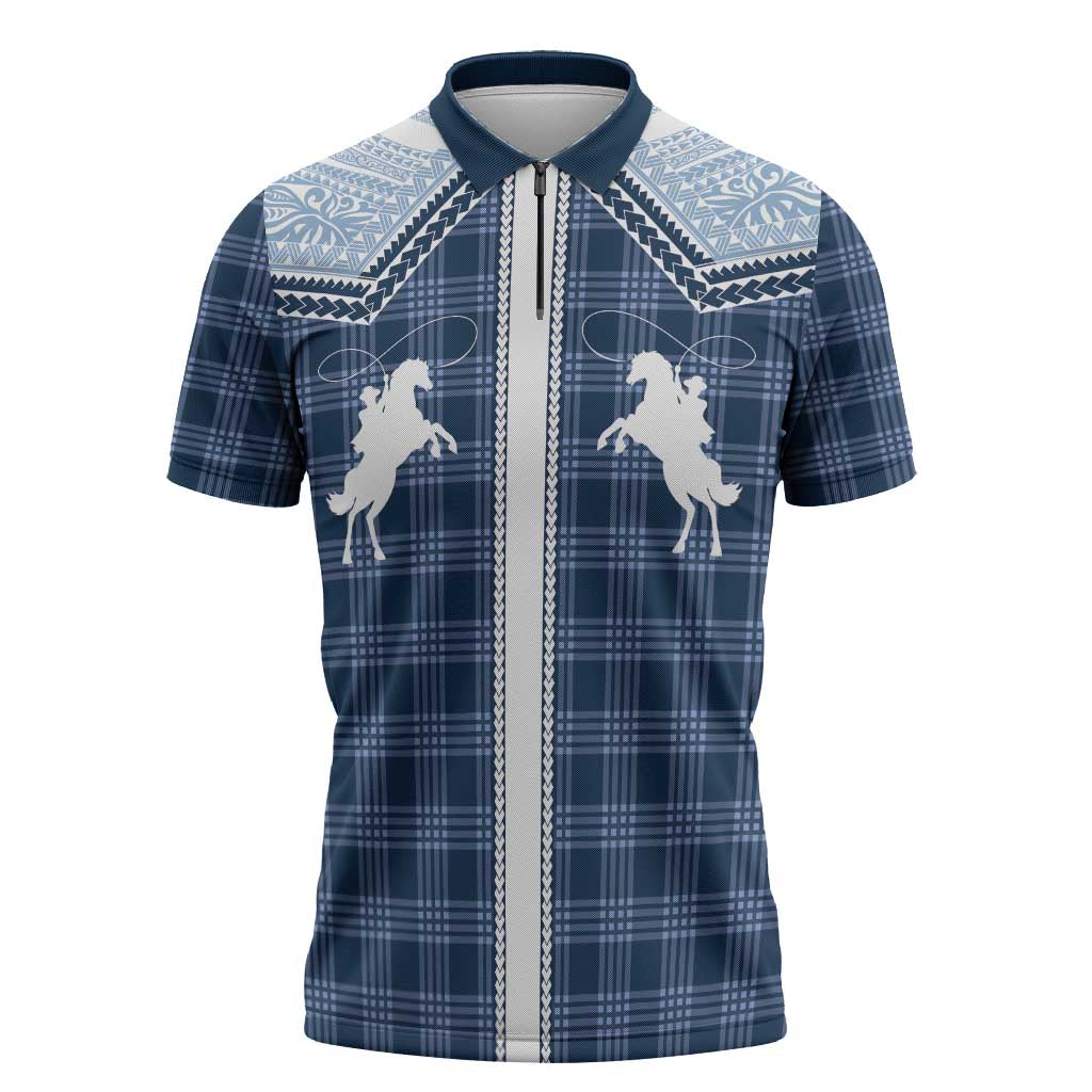 Aloha Hawaii Cowboys Paniolo Zipper Polo Shirt Navy Blue Palaka - Polynesian Pride