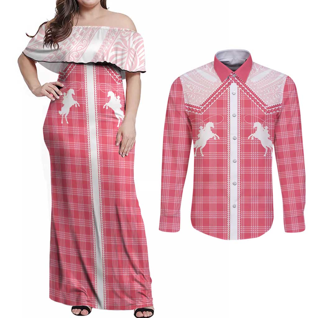 Aloha Hawaii Cowboys Paniolo Couples Matching Off Shoulder Maxi Dress and Long Sleeve Button Shirt Rose Palaka - Polynesian Pride