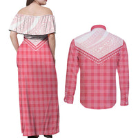 Aloha Hawaii Cowboys Paniolo Couples Matching Off Shoulder Maxi Dress and Long Sleeve Button Shirt Rose Palaka - Polynesian Pride