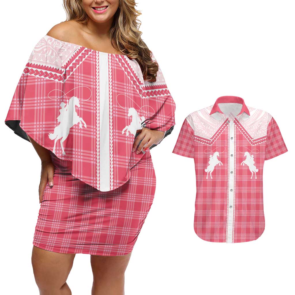 Aloha Hawaii Cowboys Paniolo Couples Matching Off Shoulder Short Dress and Hawaiian Shirt Rose Palaka - Polynesian Pride