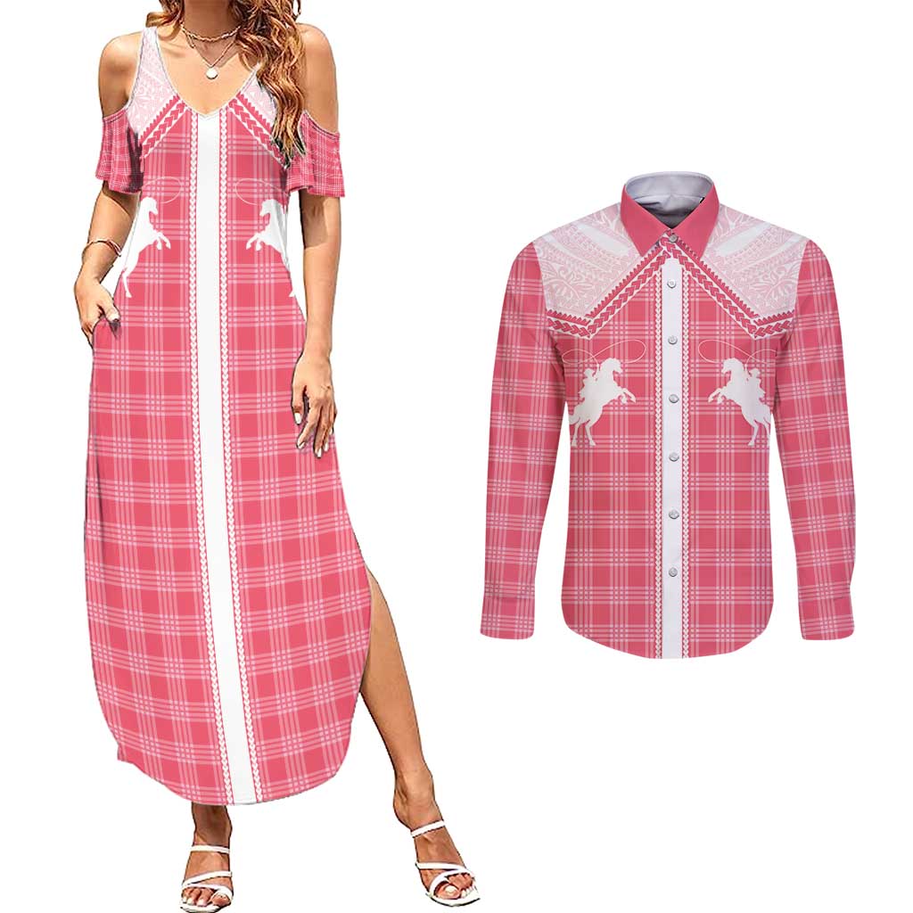Aloha Hawaii Cowboys Paniolo Couples Matching Summer Maxi Dress and Long Sleeve Button Shirt Rose Palaka - Polynesian Pride