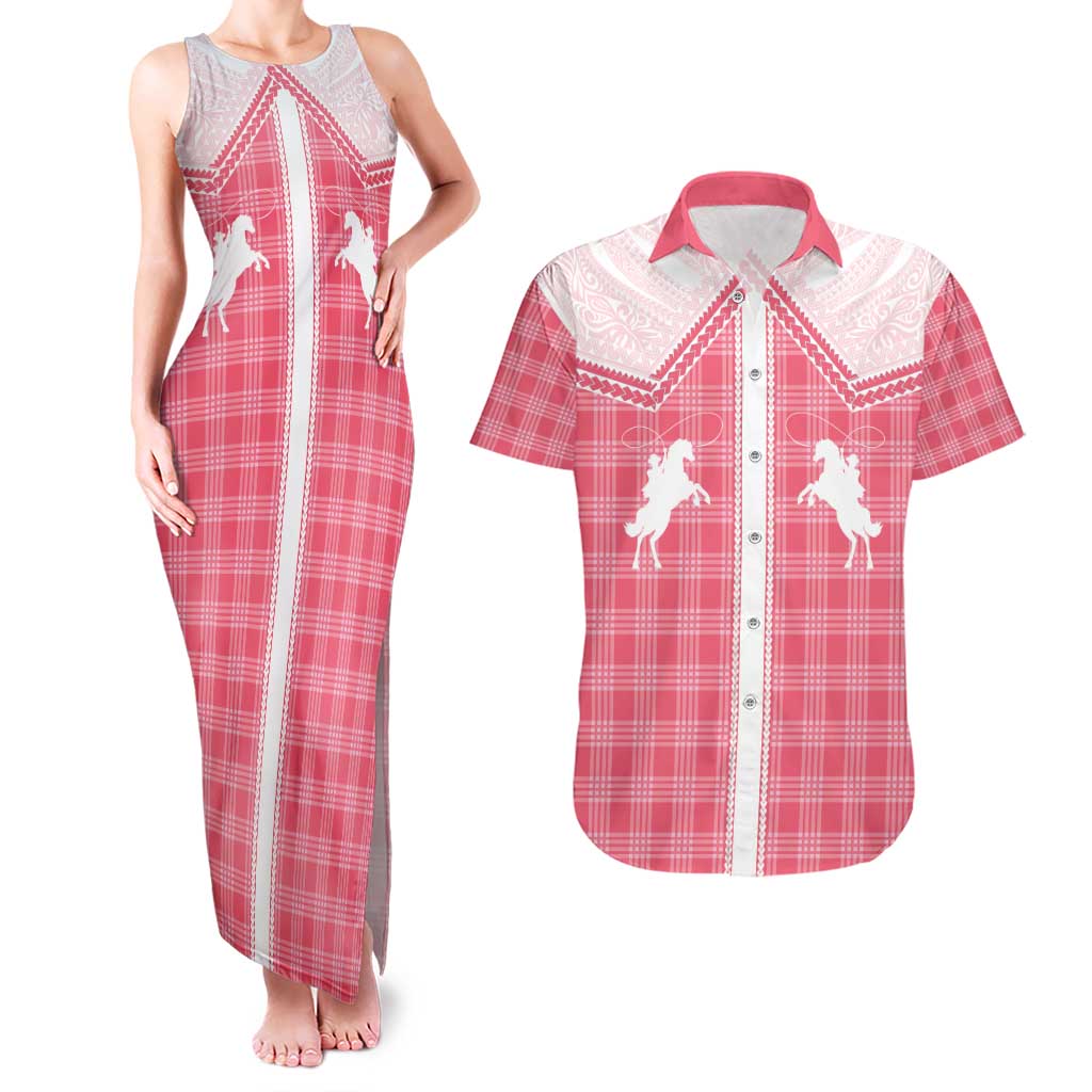 Aloha Hawaii Cowboys Paniolo Couples Matching Tank Maxi Dress and Hawaiian Shirt Rose Palaka - Polynesian Pride