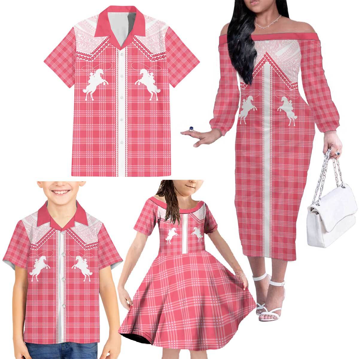 Aloha Hawaii Cowboys Paniolo Family Matching Off The Shoulder Long Sleeve Dress and Hawaiian Shirt Rose Palaka - Polynesian Pride