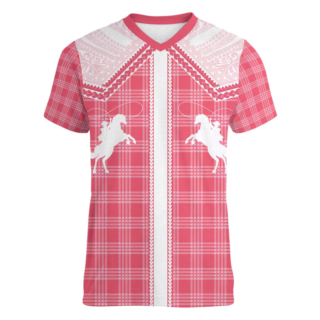 Aloha Hawaii Cowboys Paniolo Women V-Neck T-Shirt Rose Palaka - Polynesian Pride