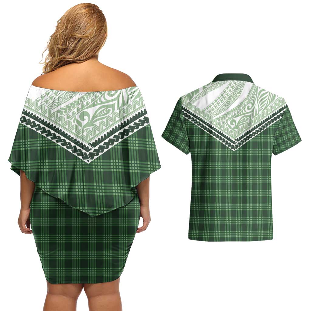 Aloha Hawaii Cowboys Paniolo Couples Matching Off Shoulder Short Dress and Hawaiian Shirt Forest Green Palaka - Polynesian Pride