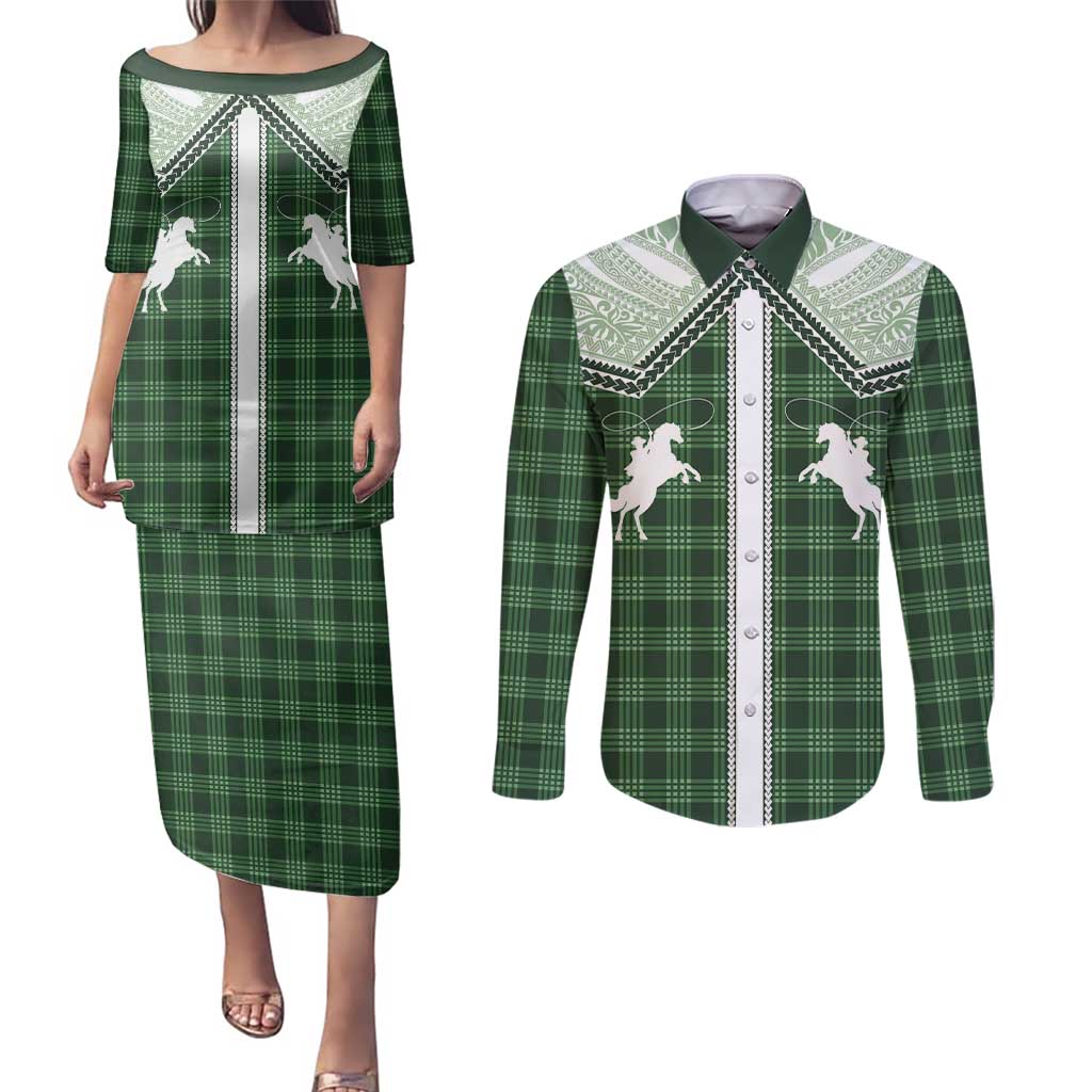 Aloha Hawaii Cowboys Paniolo Couples Matching Puletasi and Long Sleeve Button Shirt Forest Green Palaka - Polynesian Pride