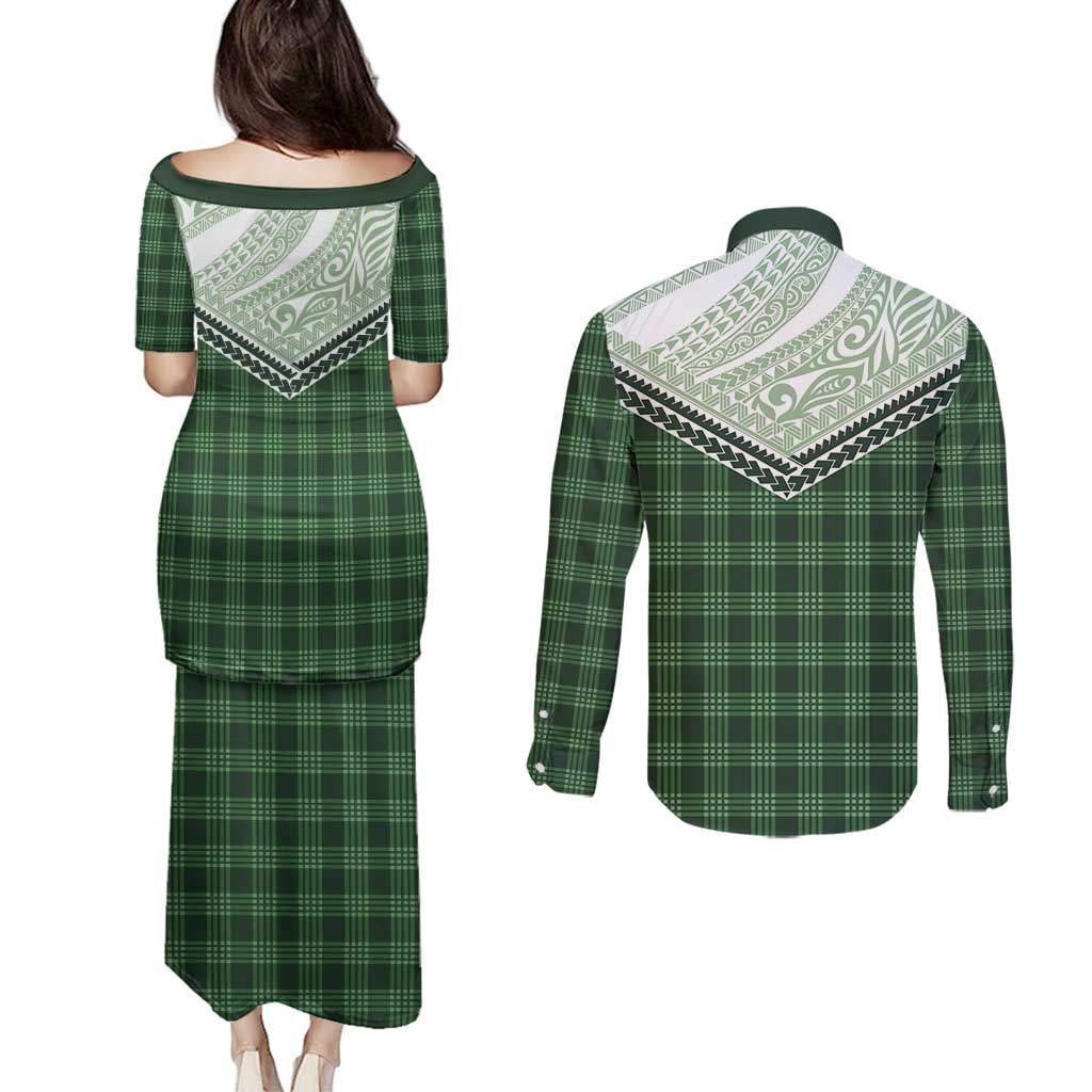 Aloha Hawaii Cowboys Paniolo Couples Matching Puletasi and Long Sleeve Button Shirt Forest Green Palaka - Polynesian Pride