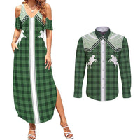 Aloha Hawaii Cowboys Paniolo Couples Matching Summer Maxi Dress and Long Sleeve Button Shirt Forest Green Palaka - Polynesian Pride