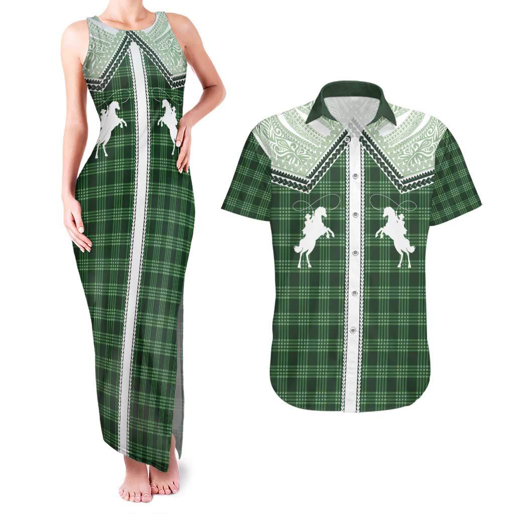 Aloha Hawaii Cowboys Paniolo Couples Matching Tank Maxi Dress and Hawaiian Shirt Forest Green Palaka - Polynesian Pride