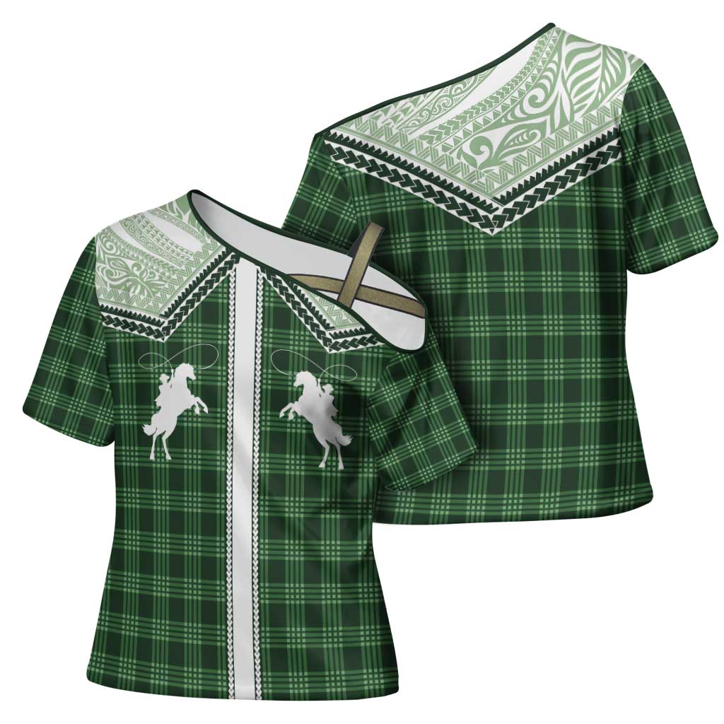 Aloha Hawaii Cowboys Paniolo Cross Shoulder Shirt Forest Green Palaka - Polynesian Pride