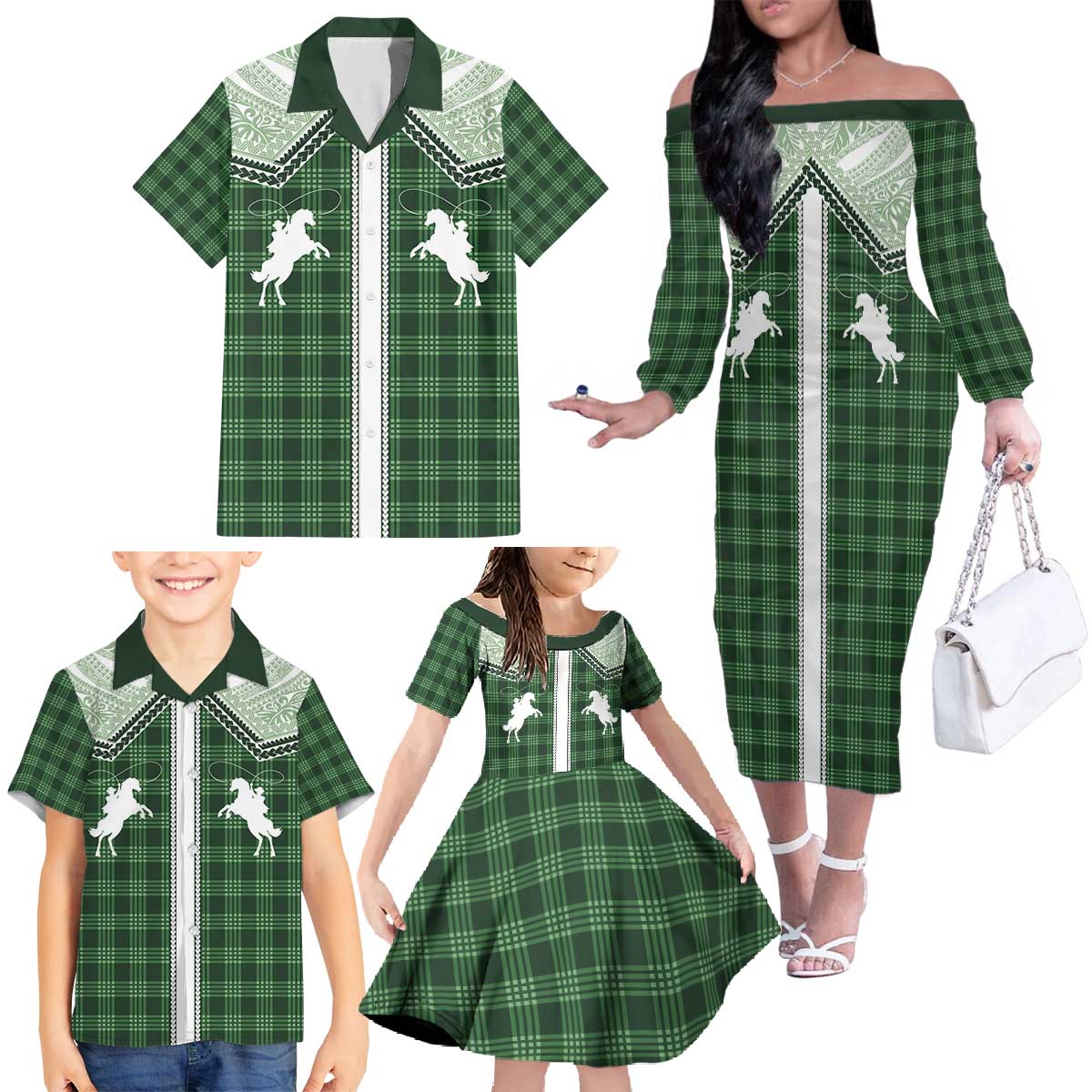 Aloha Hawaii Cowboys Paniolo Family Matching Off The Shoulder Long Sleeve Dress and Hawaiian Shirt Forest Green Palaka - Polynesian Pride