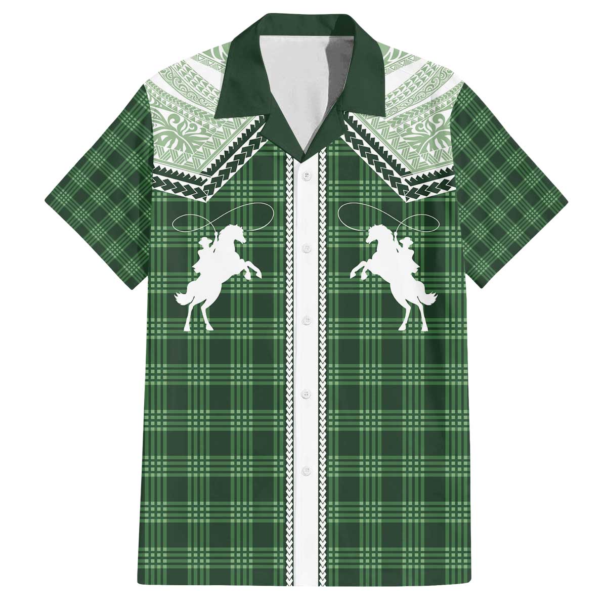 Aloha Hawaii Cowboys Paniolo Family Matching Off The Shoulder Long Sleeve Dress and Hawaiian Shirt Forest Green Palaka - Polynesian Pride