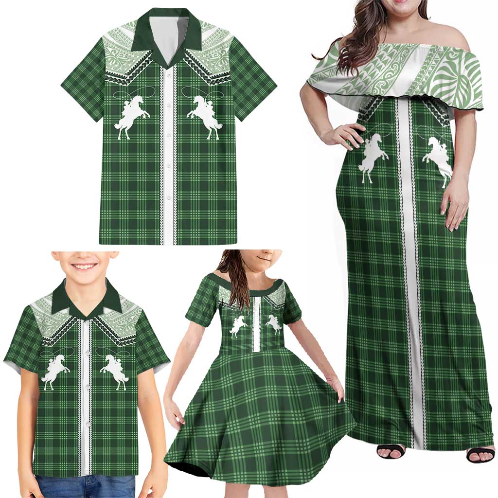 Aloha Hawaii Cowboys Paniolo Family Matching Off Shoulder Maxi Dress and Hawaiian Shirt Forest Green Palaka - Polynesian Pride