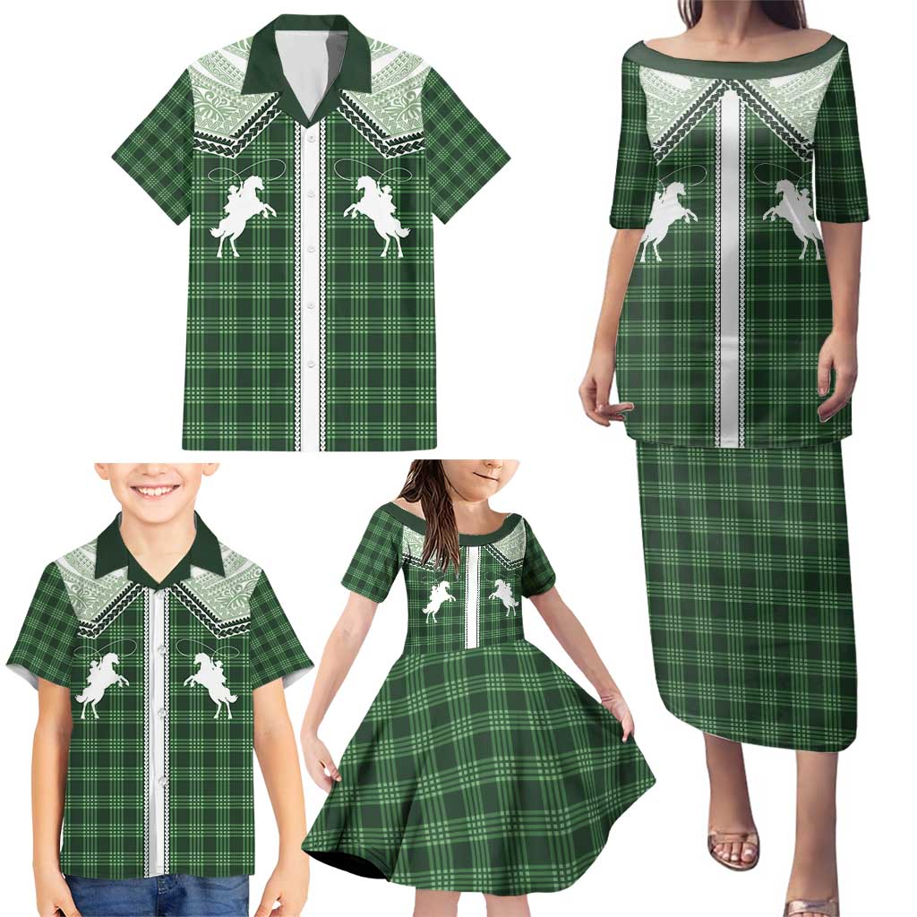 Aloha Hawaii Cowboys Paniolo Family Matching Puletasi and Hawaiian Shirt Forest Green Palaka - Polynesian Pride
