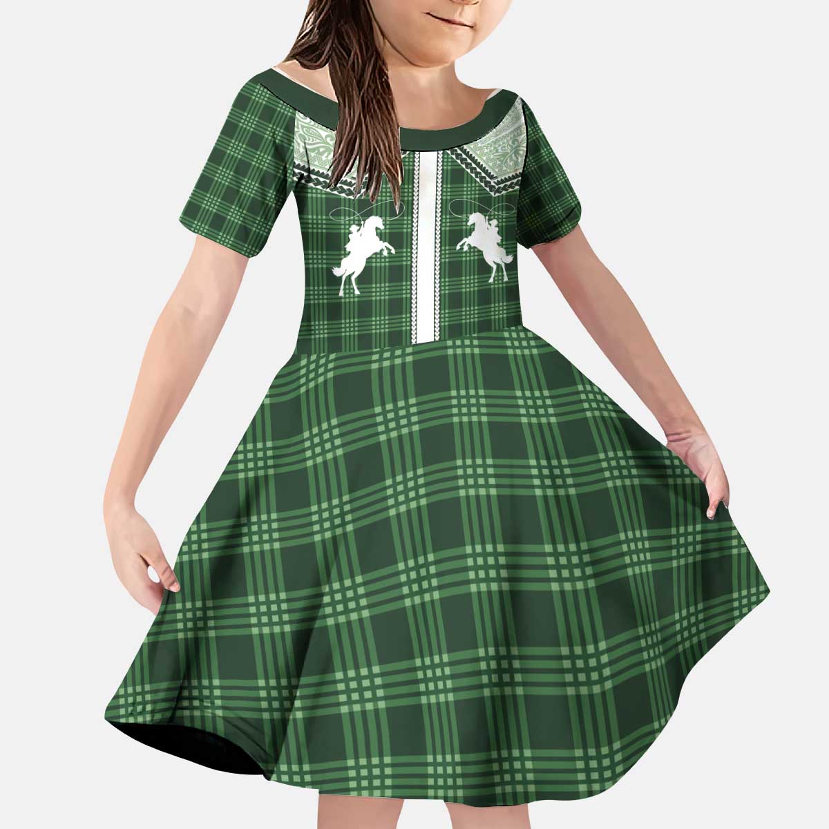 Aloha Hawaii Cowboys Paniolo Kid Short Sleeve Dress Forest Green Palaka - Polynesian Pride