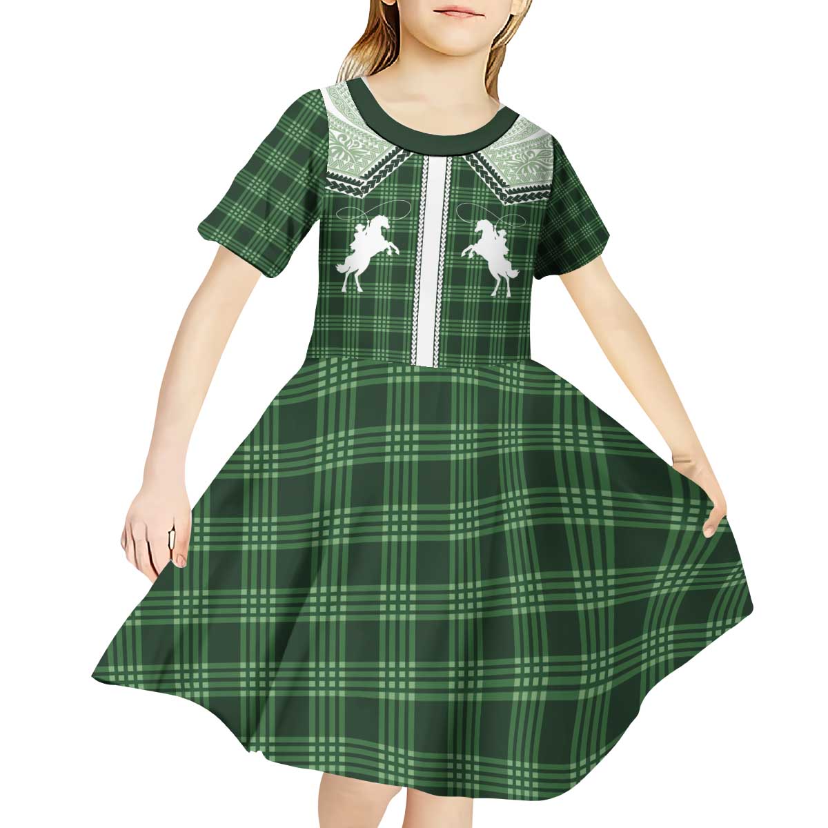 Aloha Hawaii Cowboys Paniolo Kid Short Sleeve Dress Forest Green Palaka - Polynesian Pride