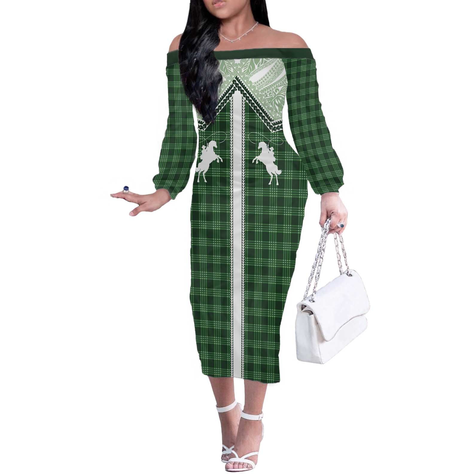 Aloha Hawaii Cowboys Paniolo Off The Shoulder Long Sleeve Dress Forest Green Palaka - Polynesian Pride