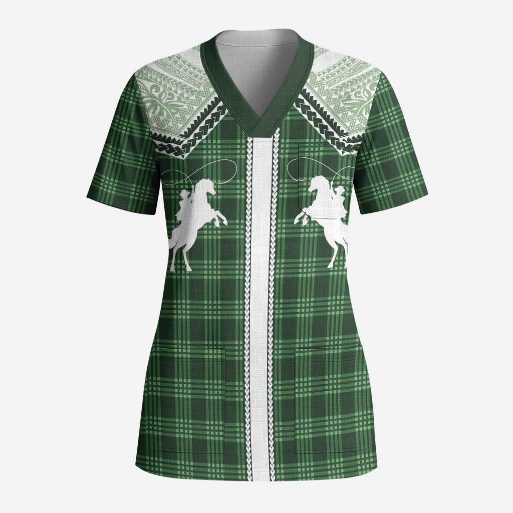 Aloha Hawaii Cowboys Paniolo Scrub Top Forest Green Palaka - Polynesian Pride