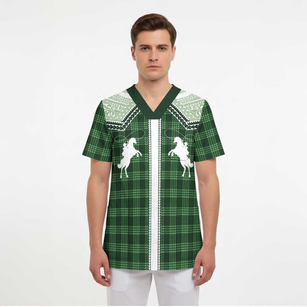 Aloha Hawaii Cowboys Paniolo Scrub Top Forest Green Palaka - Polynesian Pride