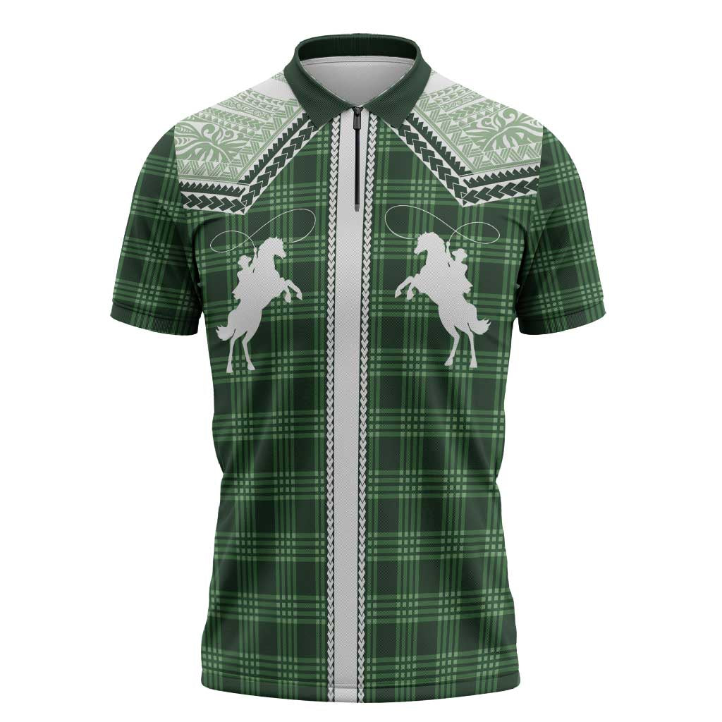 Aloha Hawaii Cowboys Paniolo Zipper Polo Shirt Forest Green Palaka LT7 Dark Green - Polynesian Pride
