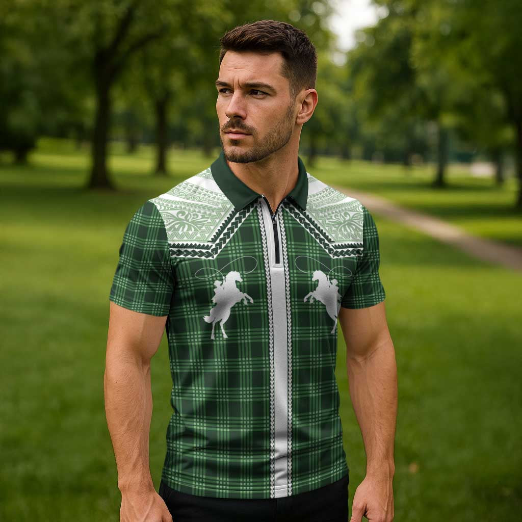 Aloha Hawaii Cowboys Paniolo Zipper Polo Shirt Forest Green Palaka LT7 - Polynesian Pride