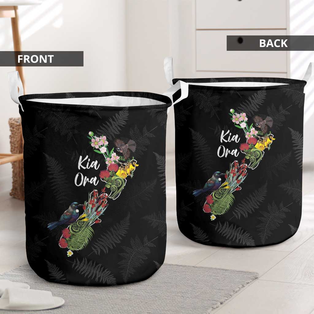 Kia Ora New Zealand Floral Laundry Basket Black LT7 - Polynesian Pride
