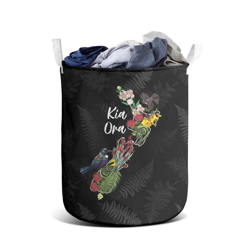 Kia Ora New Zealand Floral Laundry Basket Black LT7 - Polynesian Pride