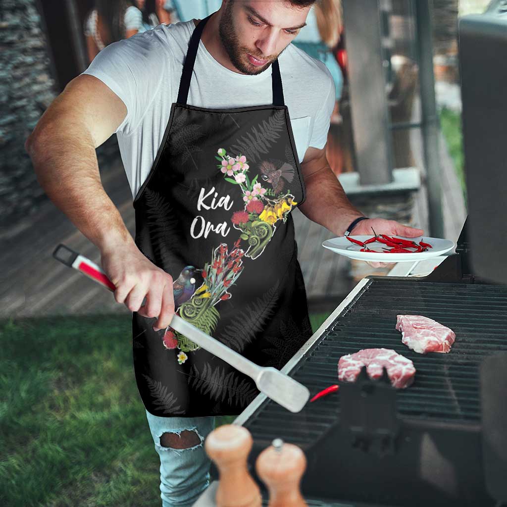 Kia Ora New Zealand Floral Apron Black LT7 - Polynesian Pride