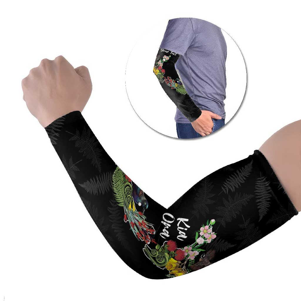 Kia Ora New Zealand Floral Personalized Arm Sleeves Black LT7 Set of 2 Black - Polynesian Pride