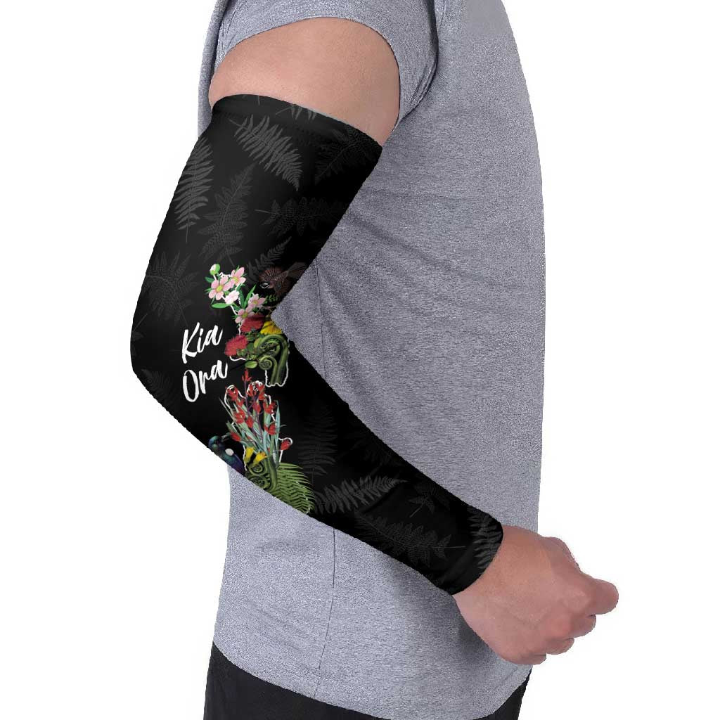 Kia Ora New Zealand Floral Personalized Arm Sleeves Black LT7 - Polynesian Pride
