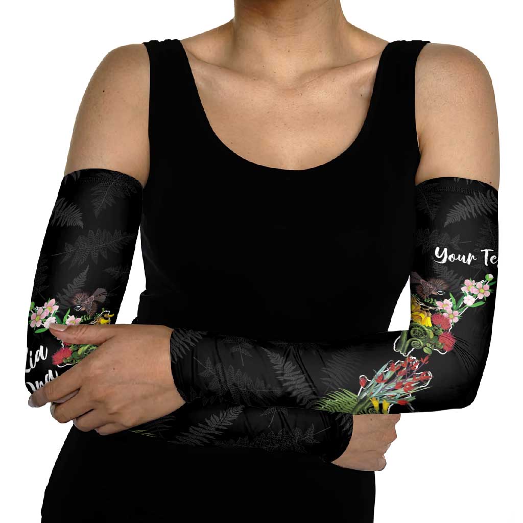 Kia Ora New Zealand Floral Personalized Arm Sleeves Black LT7 - Polynesian Pride