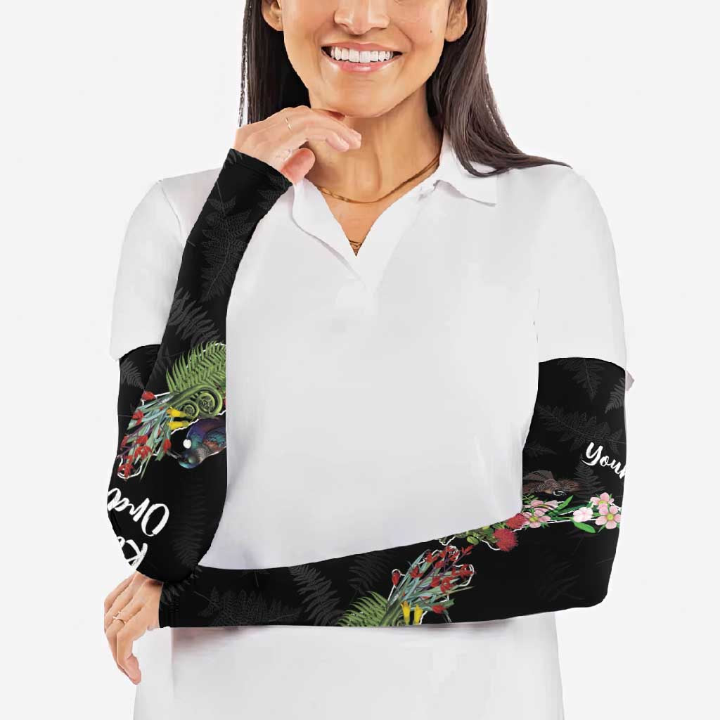 Kia Ora New Zealand Floral Personalized Arm Sleeves Black LT7 - Polynesian Pride