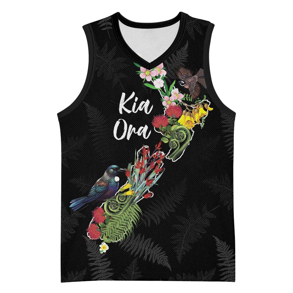 Kia Ora New Zealand Floral Personalized Basketball Jersey Black LT7 Unisex Black - Polynesian Pride