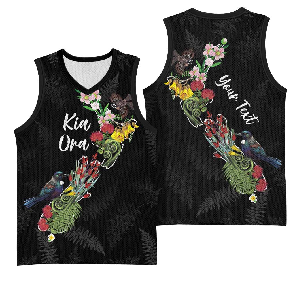 Kia Ora New Zealand Floral Personalized Basketball Jersey Black LT7 - Polynesian Pride
