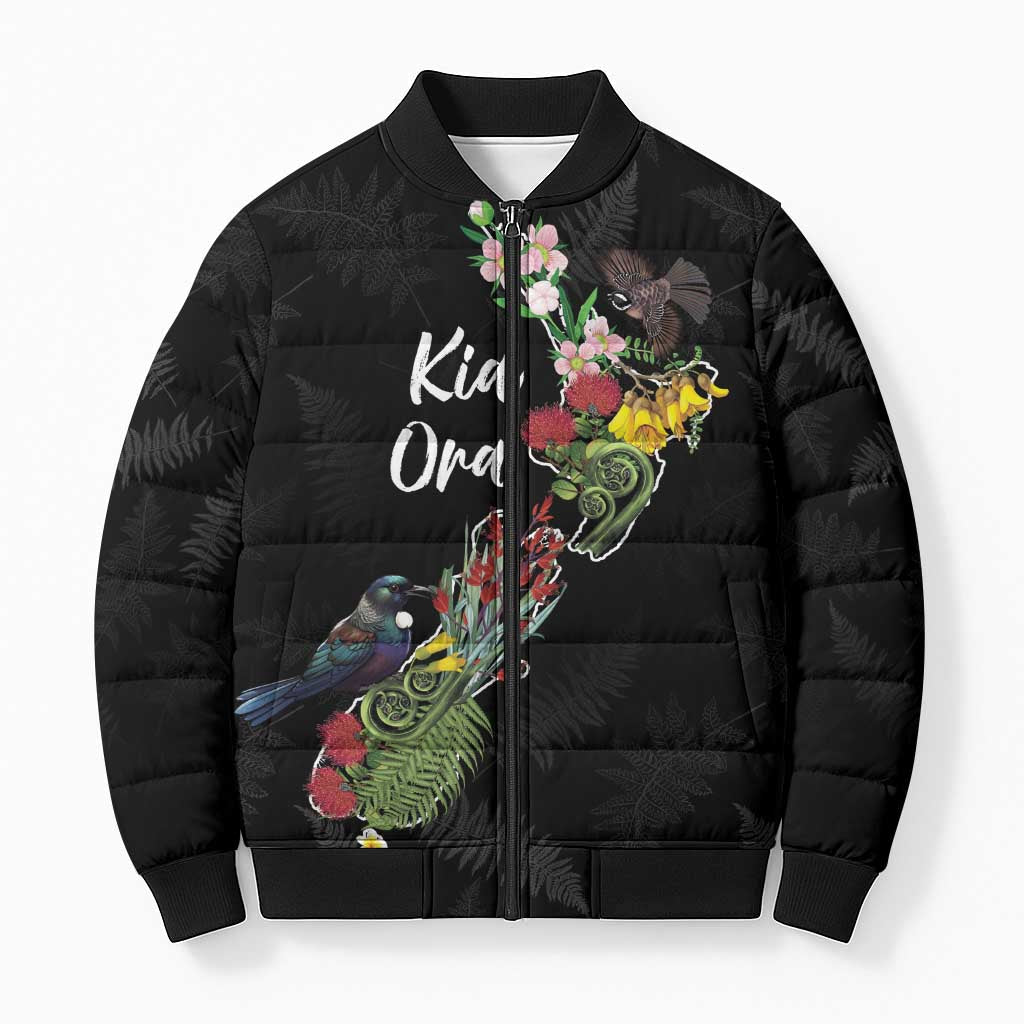 Kia Ora New Zealand Floral Personalized Bomber Puffer Jacket Black LT7 Unisex Black - Polynesian Pride