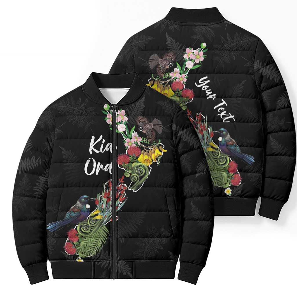 Kia Ora New Zealand Floral Personalized Bomber Puffer Jacket Black LT7 - Polynesian Pride