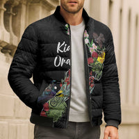 Kia Ora New Zealand Floral Personalized Bomber Puffer Jacket Black LT7 - Polynesian Pride