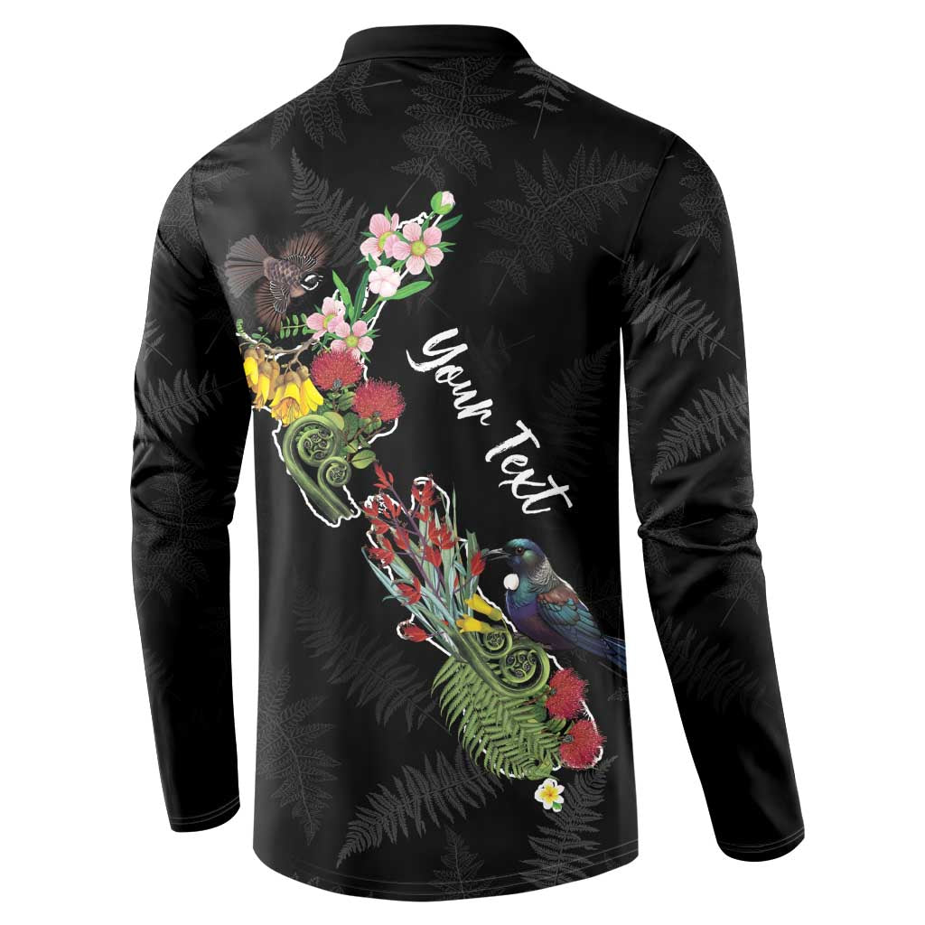 Kia Ora New Zealand Floral Personalized Button Sweatshirt Black LT7 - Polynesian Pride