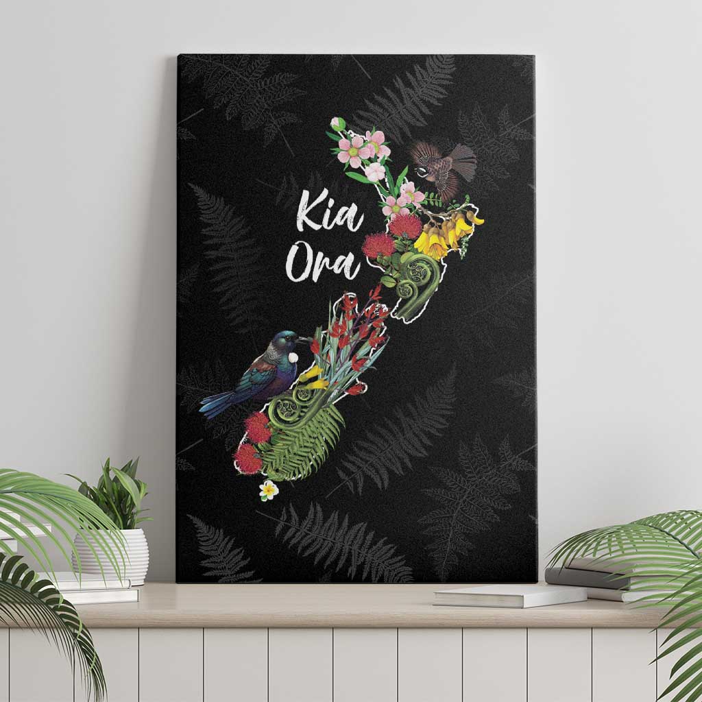 Kia Ora New Zealand Floral Canvas Wall Art Black LT7 - Polynesian Pride