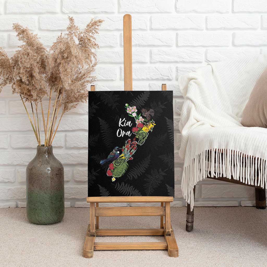 Kia Ora New Zealand Floral Canvas Wall Art Black LT7 - Polynesian Pride