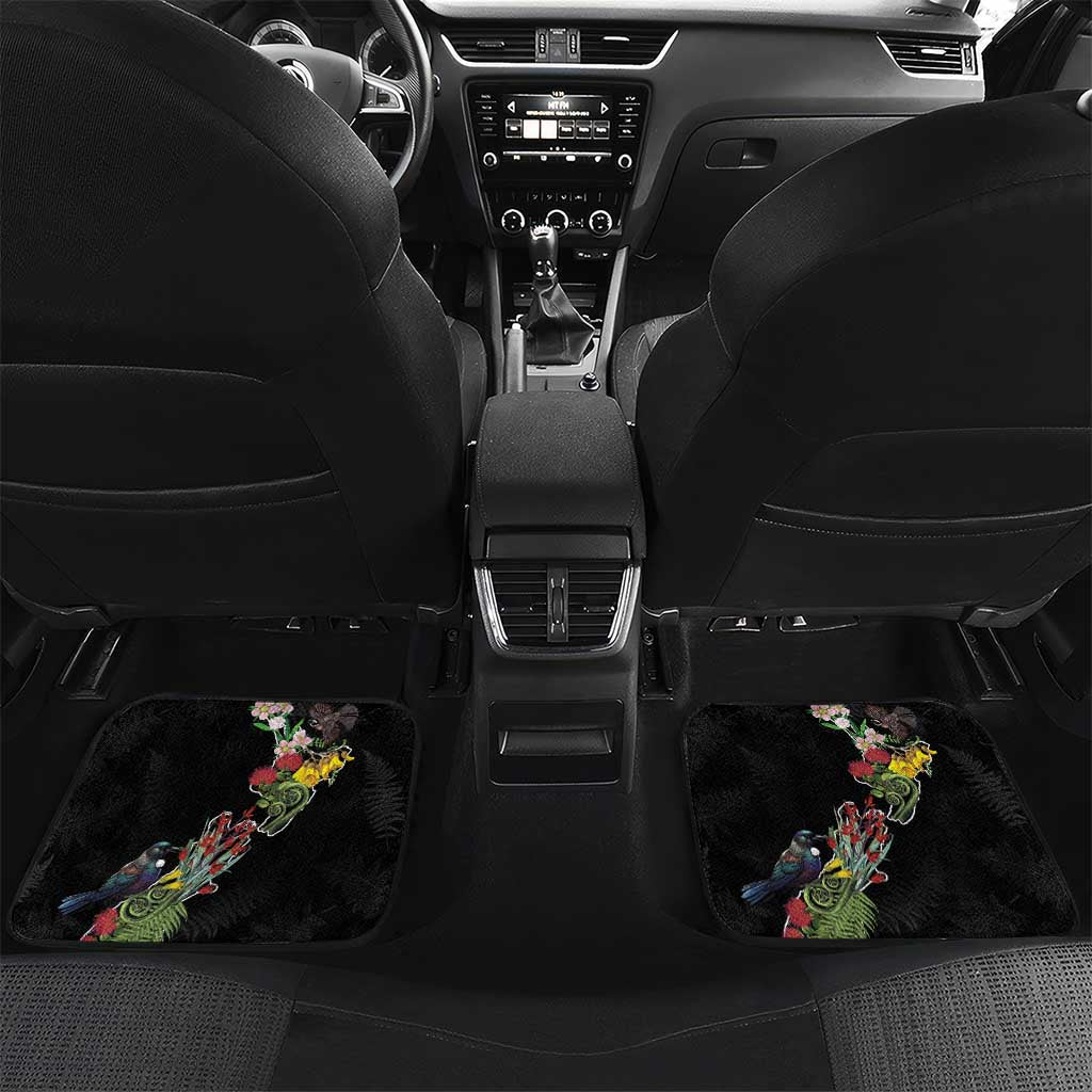 Kia Ora New Zealand Floral Personalized Car Mats Black LT7 Set 2pcs - Back Black - Polynesian Pride