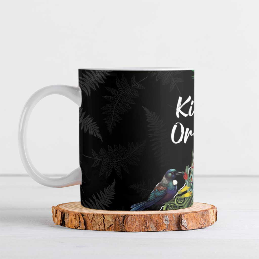 Kia Ora New Zealand Floral Ceramic Mug Black - Polynesian Pride