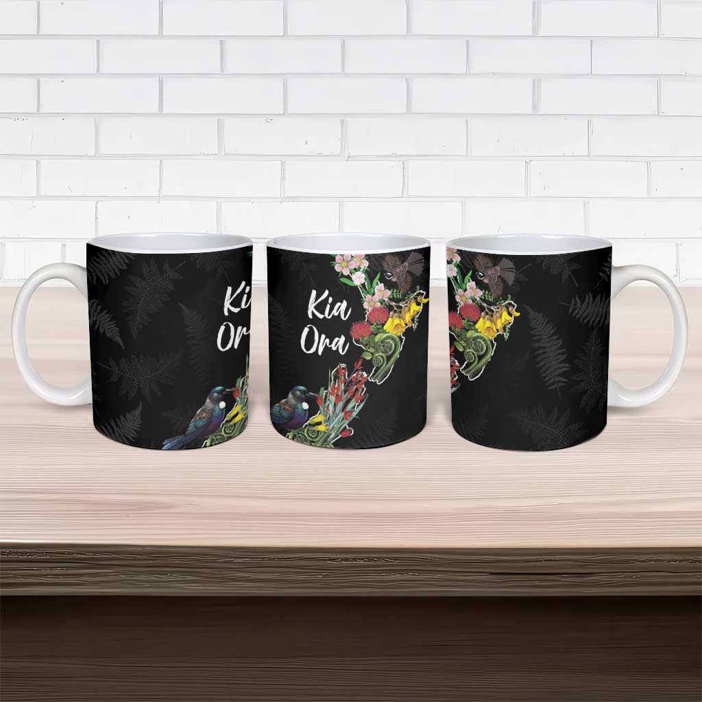 Kia Ora New Zealand Floral Ceramic Mug Black - Polynesian Pride