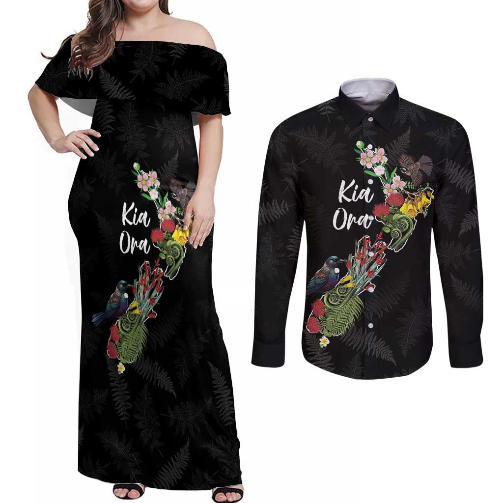 Kia Ora New Zealand Floral Personalized Couples Matching Off Shoulder Maxi Dress and Long Sleeve Button Shirt Black LT7 Black - Polynesian Pride