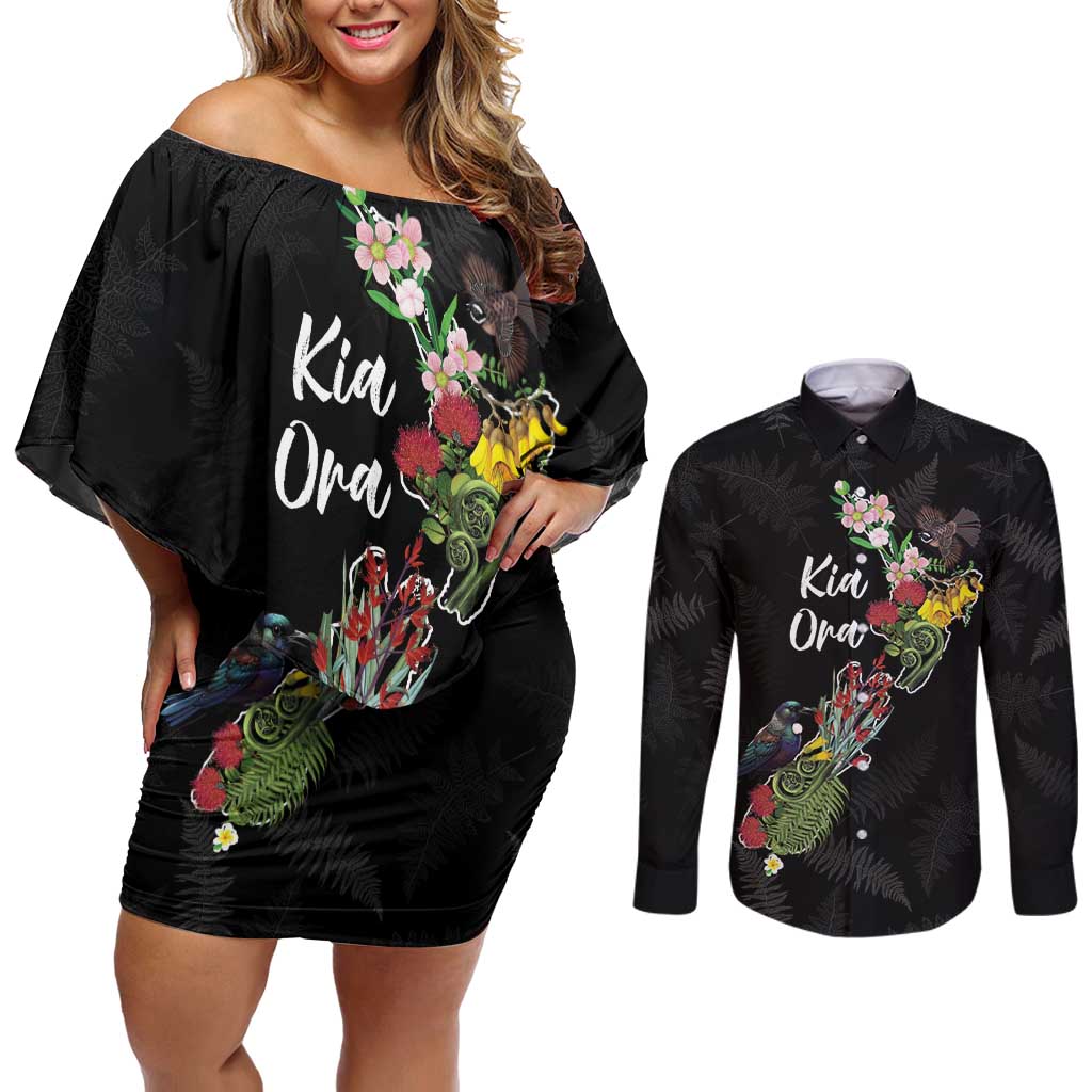Kia Ora New Zealand Floral Personalized Couples Matching Off Shoulder Short Dress and Long Sleeve Button Shirt Black LT7 Black - Polynesian Pride