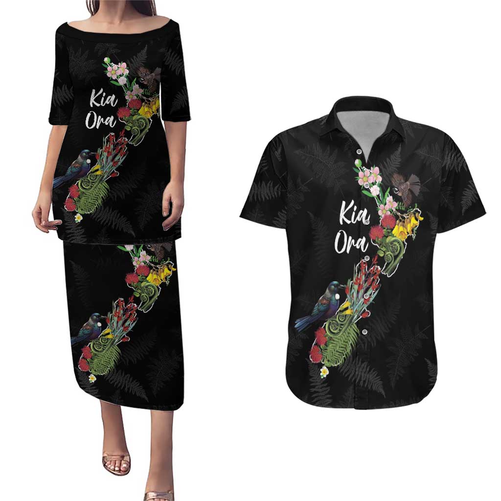 Kia Ora New Zealand Floral Personalized Couples Matching Puletasi and Hawaiian Shirt Black LT7 Black - Polynesian Pride